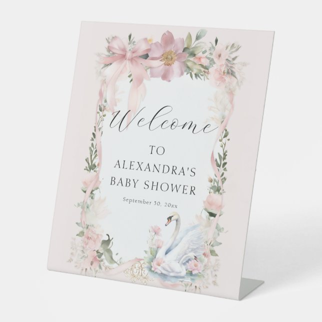 Elegant Floral Swan Pink Ribbon Girl Baby Shower Pedestal Sign (Front)