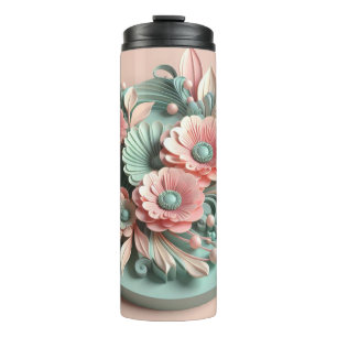 Elegant Floral Symphony: 3D Pastel Pink  Sea Green Thermal Tumbler