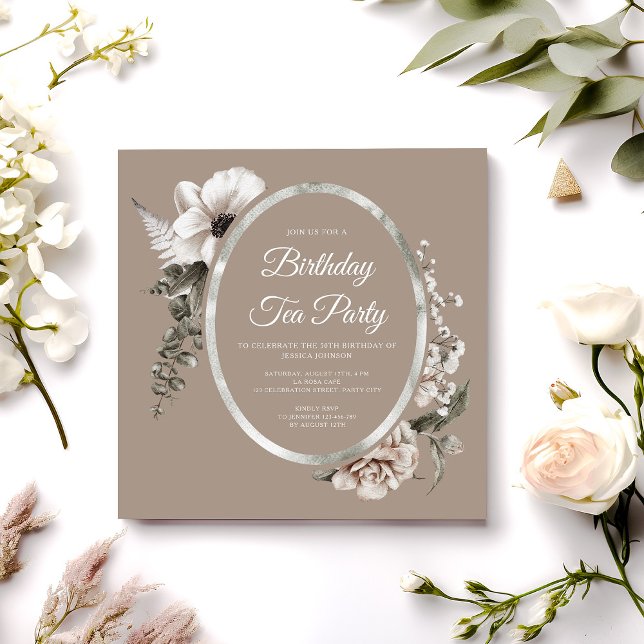 Elegant Floral Taupe Birthday Tea Party Invitation (Elegant Floral Taupe Birthday Tea Party Invitation)