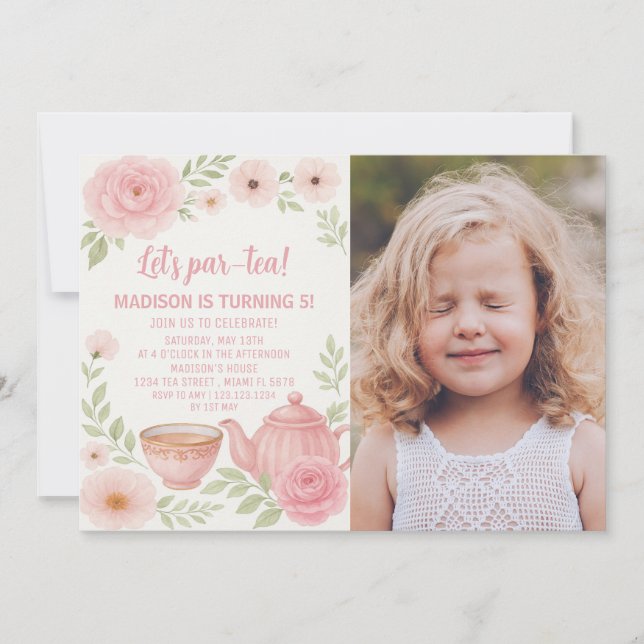 Elegant Floral Tea Party Birthday Invitation (Front)