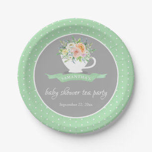 Elegant Floral Teacup Baby Shower Tea Party Paper Plate