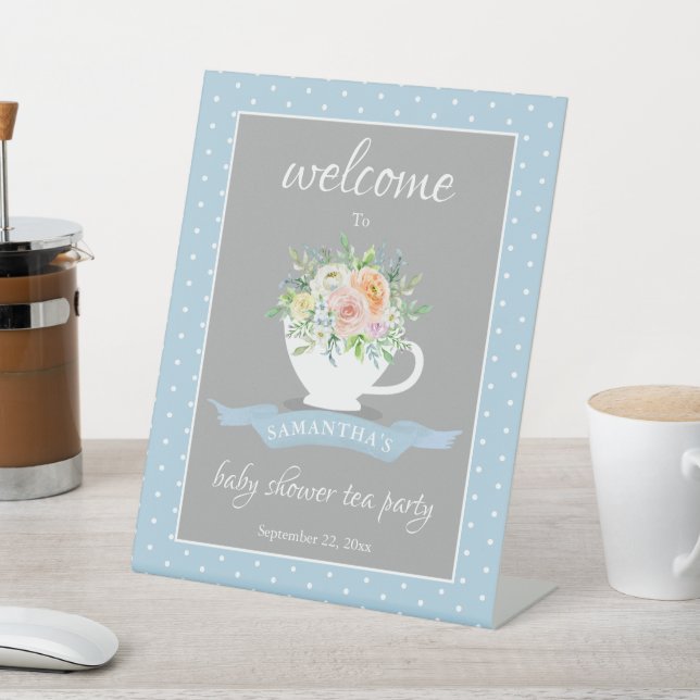 Elegant Floral Teacup Baby Shower Tea Party Pedestal Sign (In SItu)