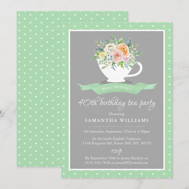 Elegant Floral Teacup Birthday Tea Party Invitation (Front/Back)