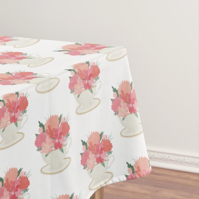 Elegant, floral teacup pattern tablecloth (In Situ)