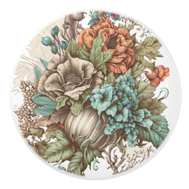 Elegant Floral Teal, Coral, Greenery Ceramic Pull (Front)
