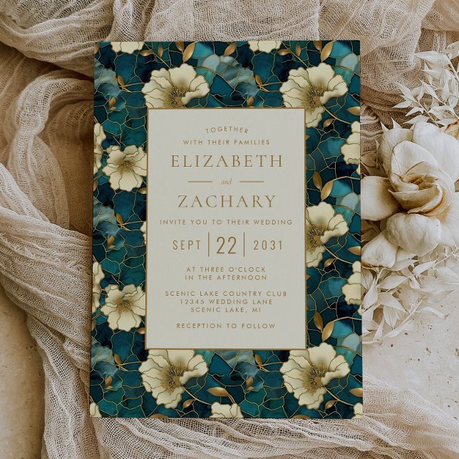 Elegant Floral Teal Cream Gold Wedding Invitation (Creator Uploaded)
