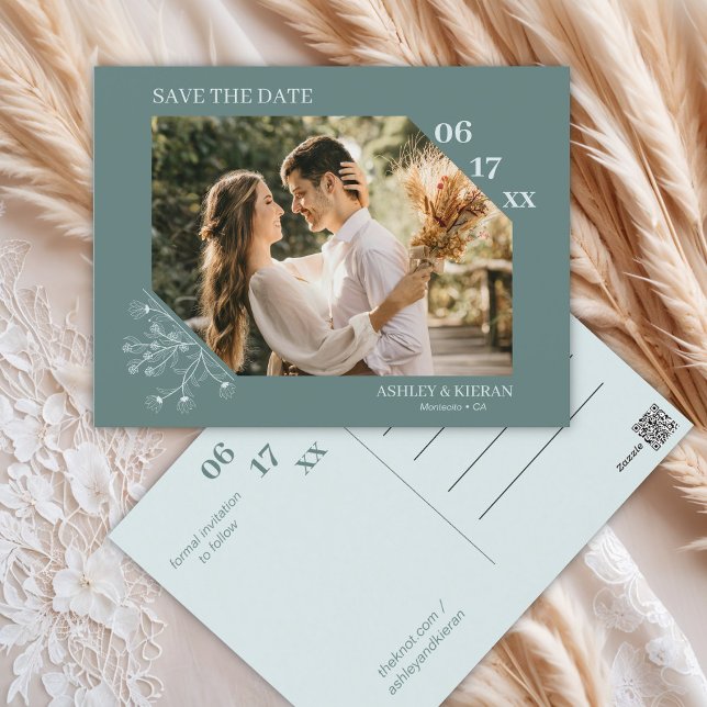 Elegant Floral Teal Wedding Save the Date Postcard (Creator Uploaded)
