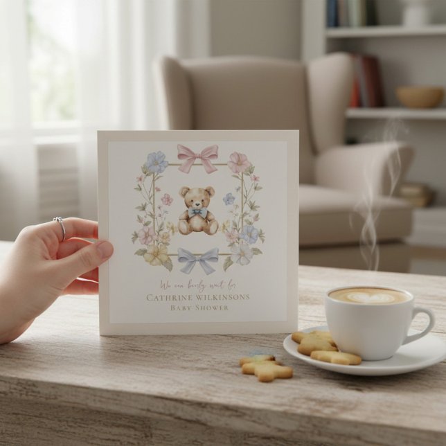 Elegant Floral Teddy  pastel  baby shower QR code Invitation (Creator Uploaded)