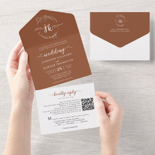 Elegant Floral Terracotta Monogram QR Code Wedding All In One Invitation