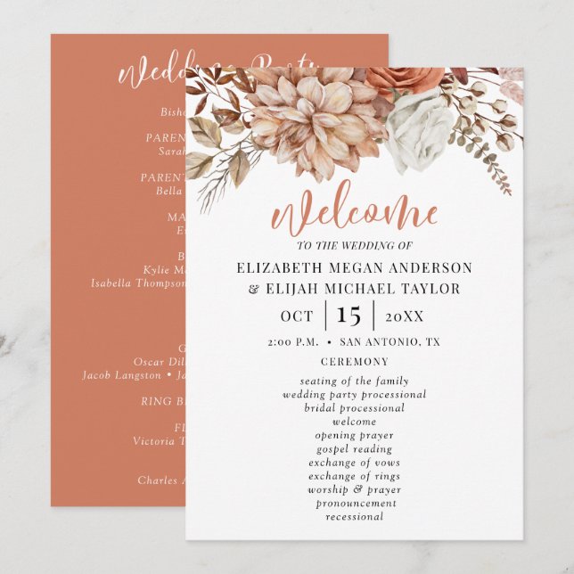 Elegant Floral Terracotta Wedding Program (Front/Back)