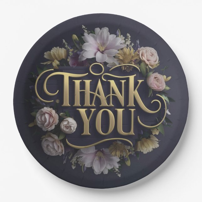  Elegant Floral “Thank You”  Paper Plate (Front)
