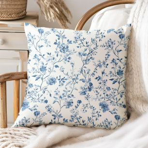 Elegant Floral Toile Blue White Vintage Style Throw Pillow