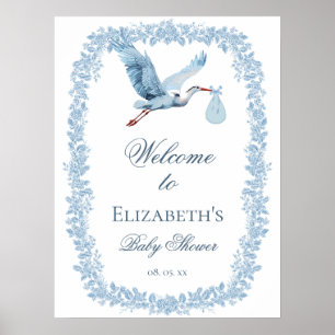 Elegant Floral Toile Frame Blue Stork Welcome Poster