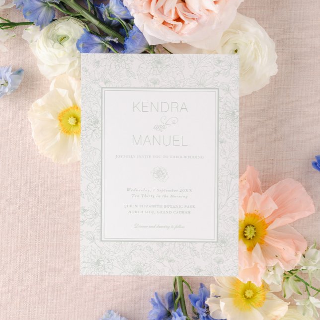 Elegant Floral Toile Sage Green Wedding Invitation (Creator Uploaded)