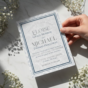 Elegant Floral Toile Script Monogram Blue Wedding
