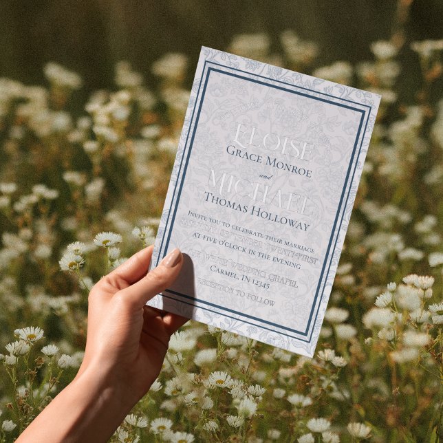 Elegant Floral Toile Script Monogram Blue Wedding (*AI Generated Mockup )