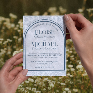 Elegant Floral Toile Script Monogram Blue Wedding Invitation