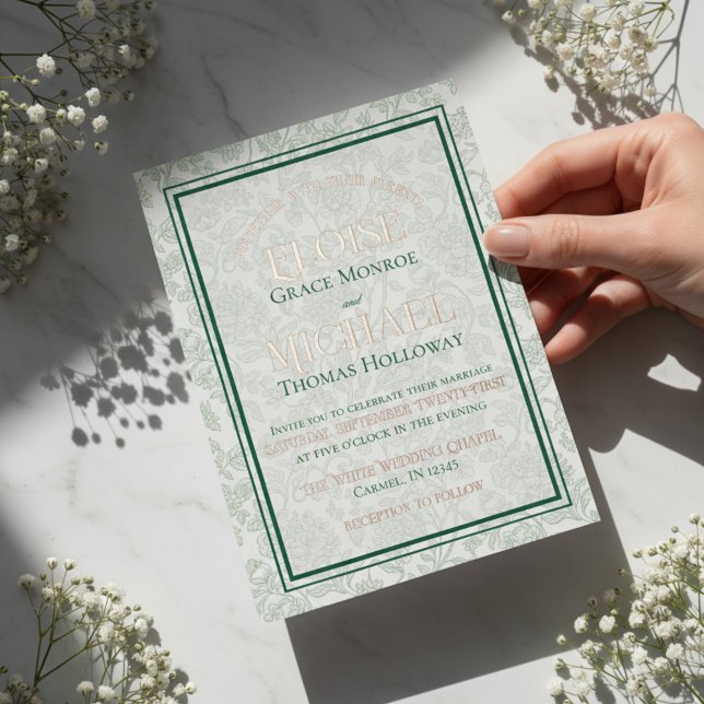 Elegant Floral Toile Script Monogram Green Wedding (Formally invite guests to your big day with this Elegant Floral Toile Script Monogram Green Invite!)