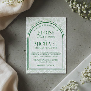 Elegant Floral Toile Script Monogram Green Wedding Invitation
