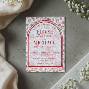 Elegant Floral Toile Script Monogram Red Wedding Invitation