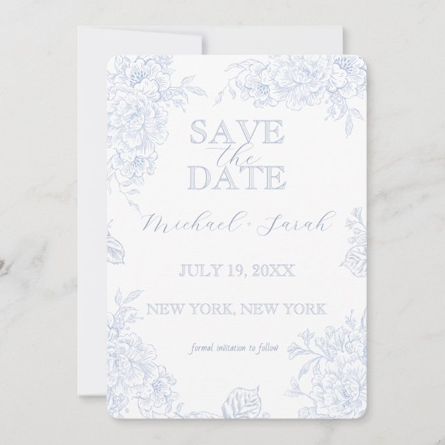 Elegant Floral Toile with Photo Flat Save The Date (Front)