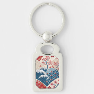 Elegant Floral Traditional Red Blue Asian Art   Keychain