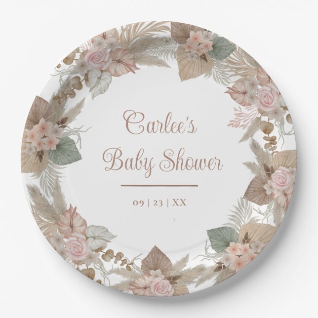 Elegant Floral Tropical Pampas Grass Personalized Paper Plate (Front)