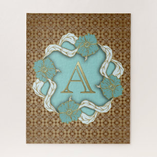 Elegant Floral Turquoise gold monogram letter A Jigsaw Puzzle