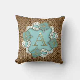 Elegant Floral Turquoise gold monogram letter A Throw Pillow