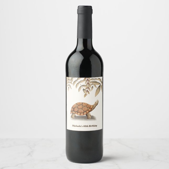 Elegant Floral Turtle Brown Party Wine Label (Front)