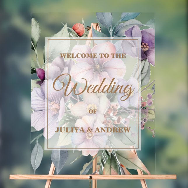 Elegant floral two side photo Wedding welcome Acrylic Sign (Neutral)