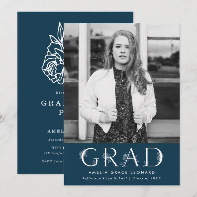 Elegant Floral Type Navy Photo Graduation Party Invitation (Front/Back)
