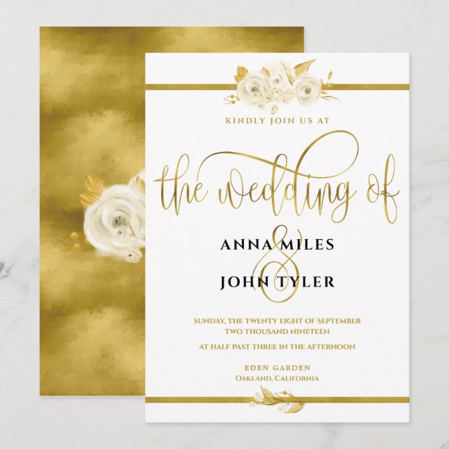 Elegant Floral Typography Gold Foil Wedding Invitation (Front/Back)
