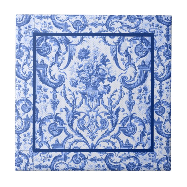 Elegant floral vase Blue toile de jouy monogram Tile (Front)