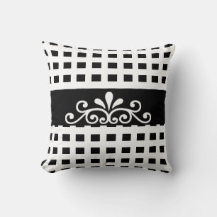 Elegant Floral Vector on Black & White Striped Throw Pillow