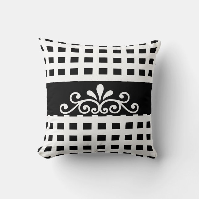 Elegant Floral Vector on Black & White Striped Throw Pillow (Front)