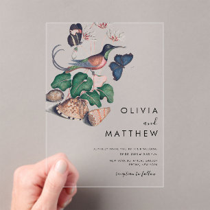 Elegant floral vintage bird botanical wedding acrylic invitations