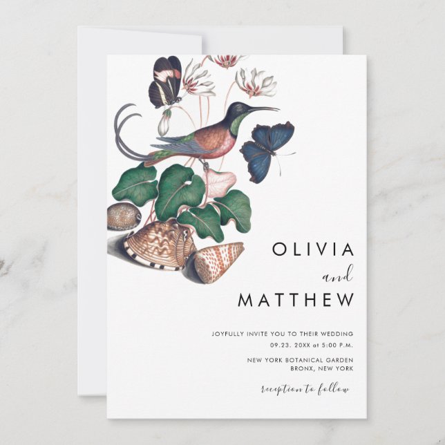 Elegant floral vintage bird botanical wedding invitation (Front)