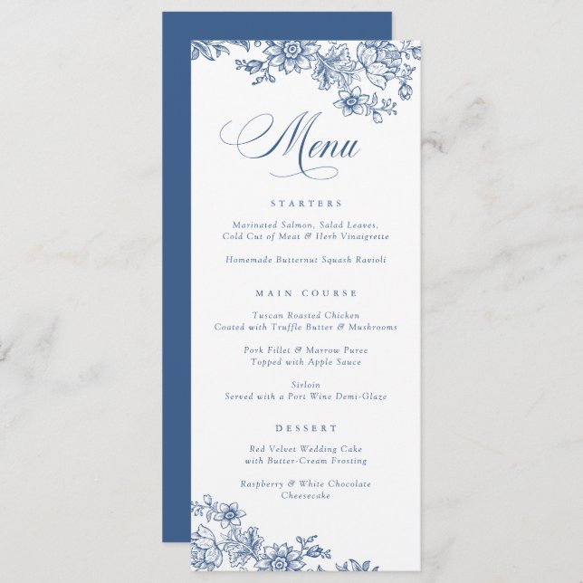 Elegant Floral Vintage Blue Botanical Menu (Front/Back)