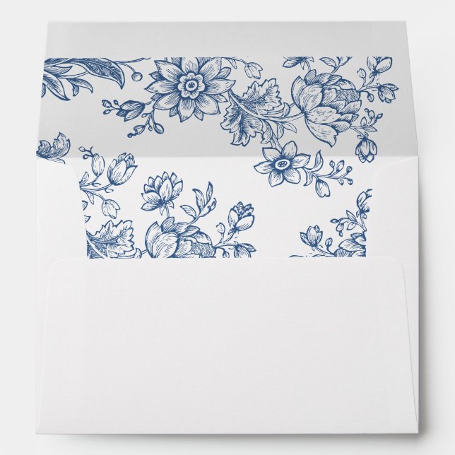 Elegant Floral Vintage Botanical Blue Wedding Envelope (Back (Bottom))