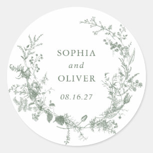 Elegant Floral Vintage Botanical Green Wedding Classic Round Sticker