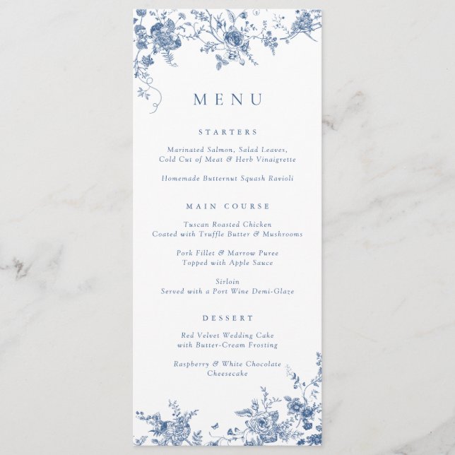 Elegant Floral Vintage Botanical Navy Blue Menu (Front)