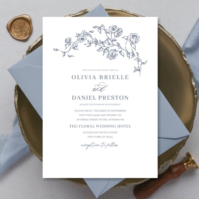 Elegant Floral Vintage Dusty Blue Wedding Invitation (Creator Uploaded)