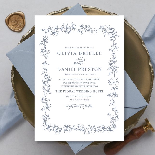 Elegant Floral Vintage Dusty Blue Wedding Invitation (Creator Uploaded)