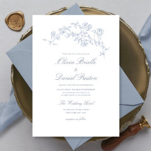 Elegant Floral Vintage Dusty Blue Wedding Invitation