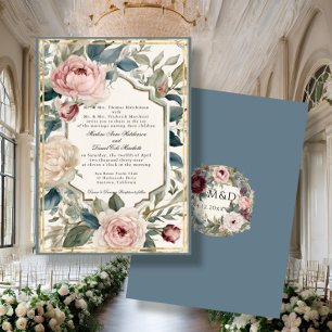Elegant Floral Vintage French Blue Classic Wedding Invitation