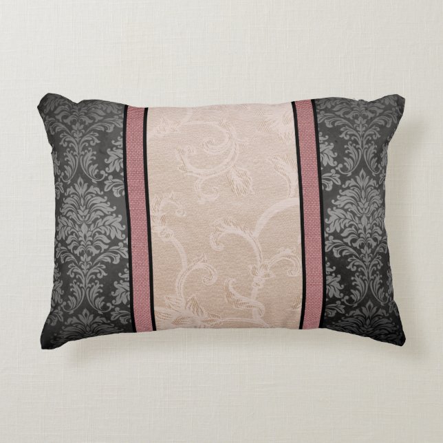 Elegant Floral Vintage Pink and Grey Damask Accent Pillow (Front)
