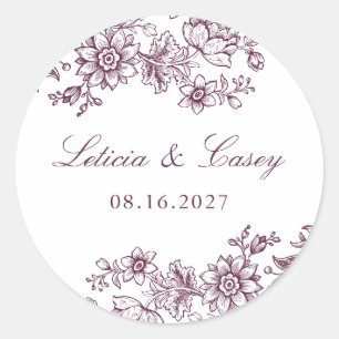 Elegant Floral Vintage Wedding Burgundy Classic Round Sticker