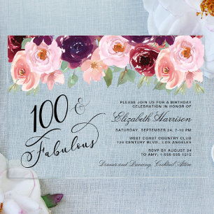 Elegant Floral Watercolor 100th Birthday Party Acrylic Invitations