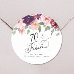 Elegant Floral Watercolor 70th Birthday Party Classic Round Sticker<br><div class="desc">Send out your seventieth birthday party invitations and correspondence sealed with these elegant and chic personalized stickers with "70 & Fabulous" written in a chic script and watercolor bouquets of burgundy red,  blush pink and plum purple florals with light sage greenery. Personalize with your name.</div>